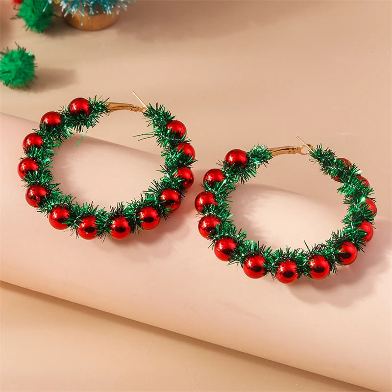 Fashion Christmas Wreath Circle Hoop Earrings for Women Girls New Year Party Festival Jewelry Gifts