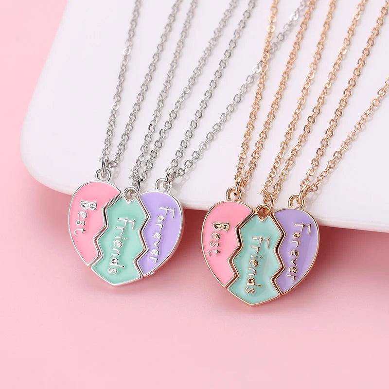 3Pcs/Set 3-Color Heart Magnetic BFF Necklace for Girls