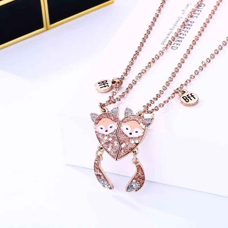 2Pcs/Set Cartoon Fox Pendant BFF Necklace for Girls