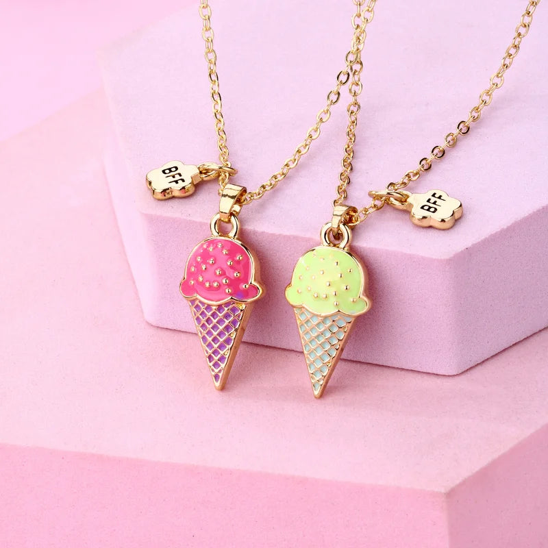 2Pcs/Set Cartoon Ice Cream Pendant BFF Necklace for Girls