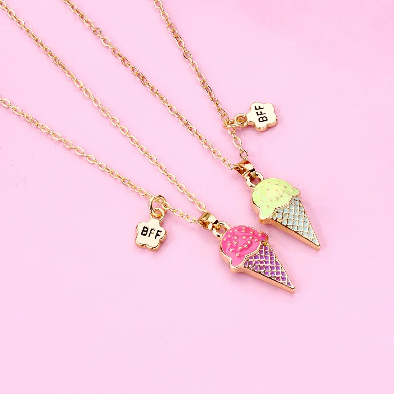 2Pcs/Set Cartoon Ice Cream Pendant BFF Necklace for Girls