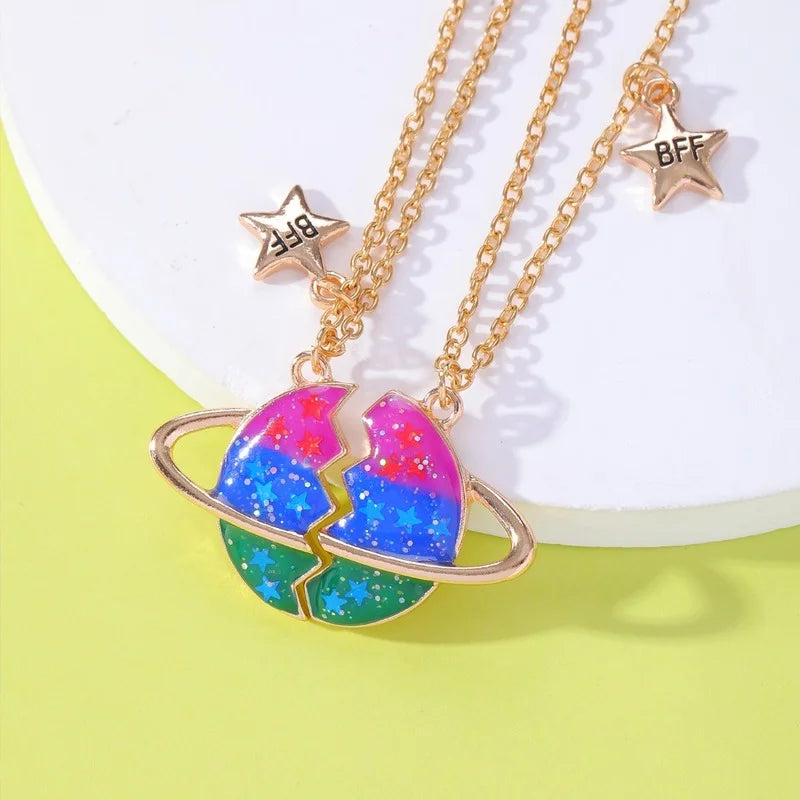 2Pcs/Set Saturn Star Pendant BFF Necklace for Girls