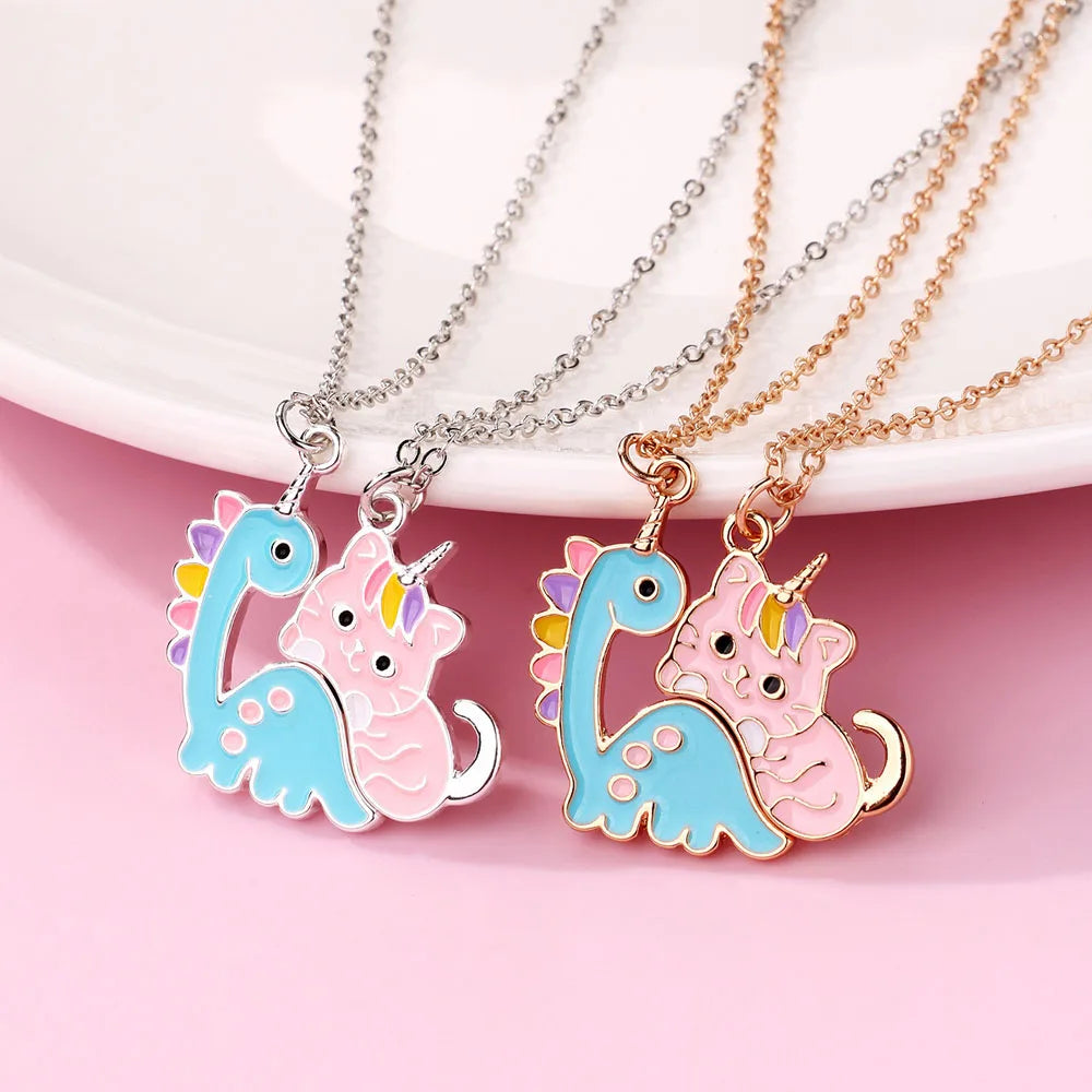 2Pcs/Set Cartoon Dinosaur Cat Magnet BFF Necklace