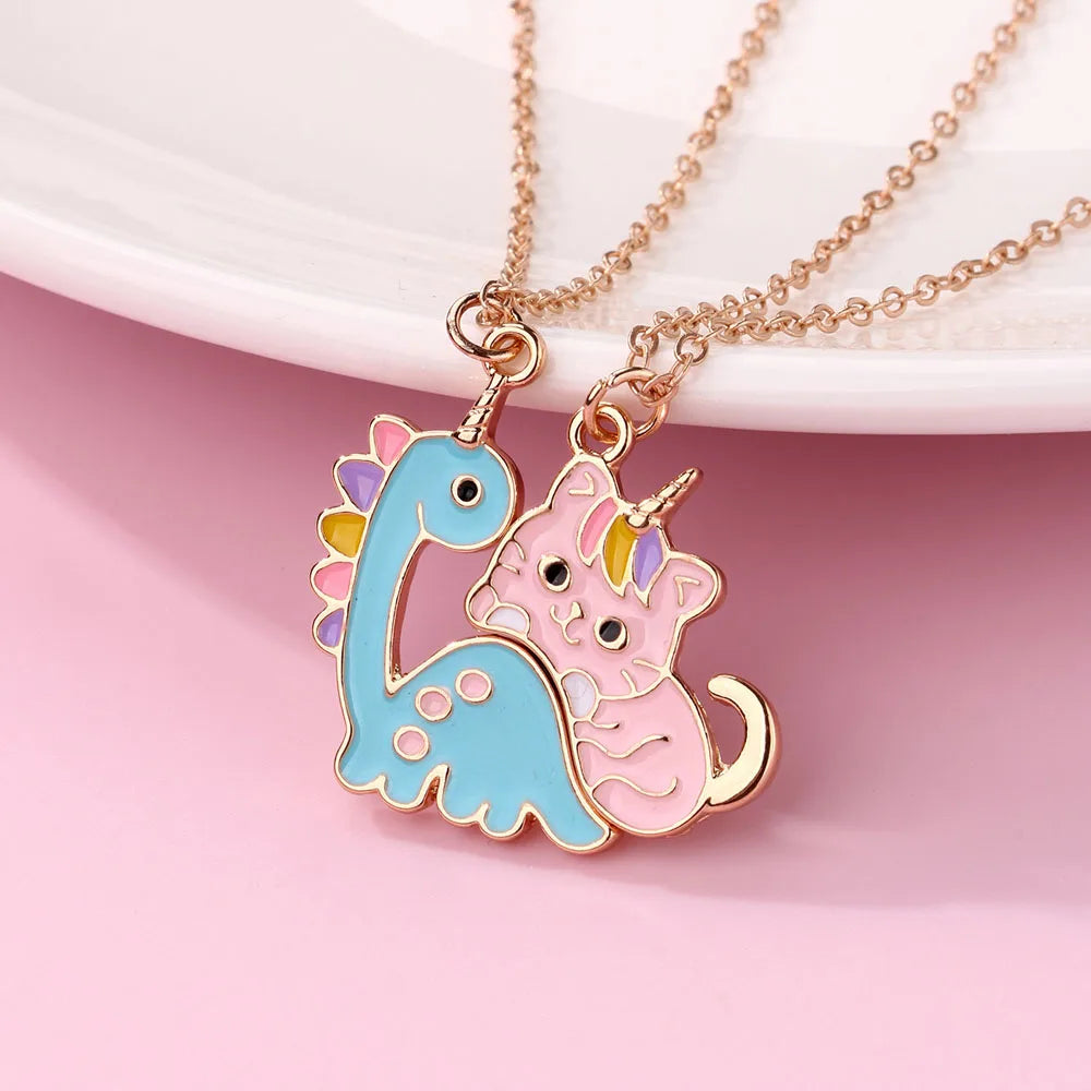 2Pcs/Set Cartoon Dinosaur Cat Magnet BFF Necklace