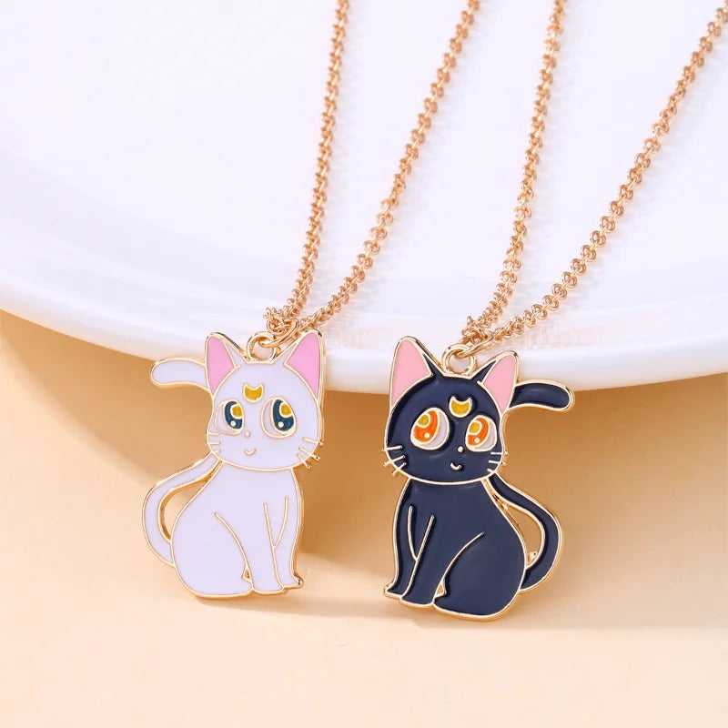 2Pcs/Set Cartoon Black White Cat Pendant BFF Necklace for Kids