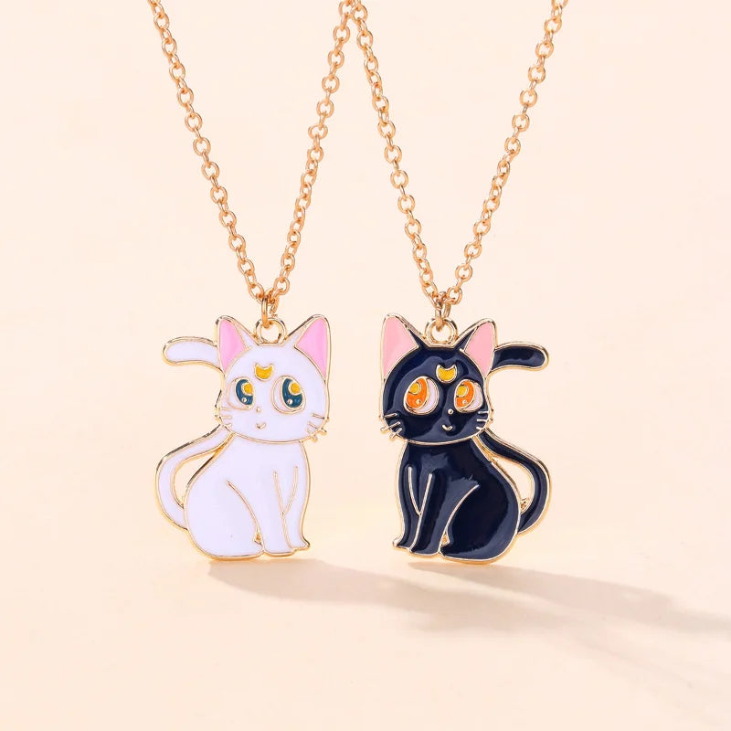 2Pcs/Set Cartoon Black White Cat Pendant BFF Necklace for Kids