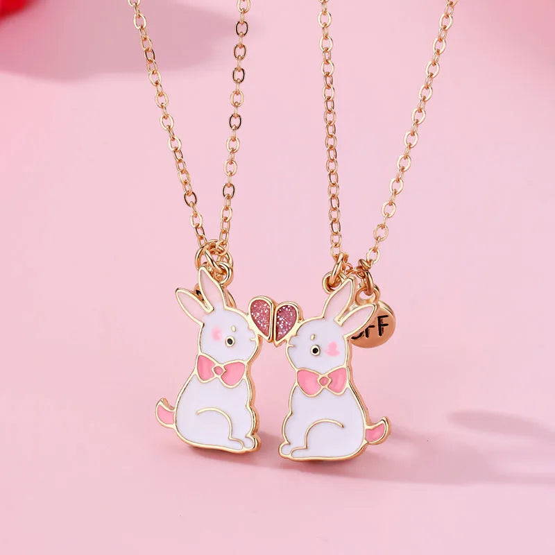 2Pcs/Set Cartoon Heart Rabbit Pendant BFF Necklace for Kids