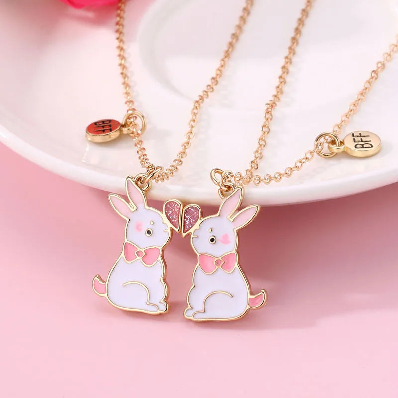 2Pcs/Set Cartoon Heart Rabbit Pendant BFF Necklace for Kids