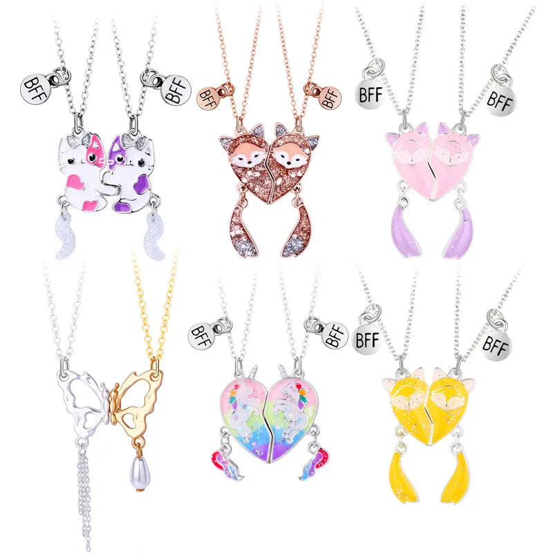 2Pcs/Set Heart Fox Butterfly Cat Magnetic BFF Necklace for Kids