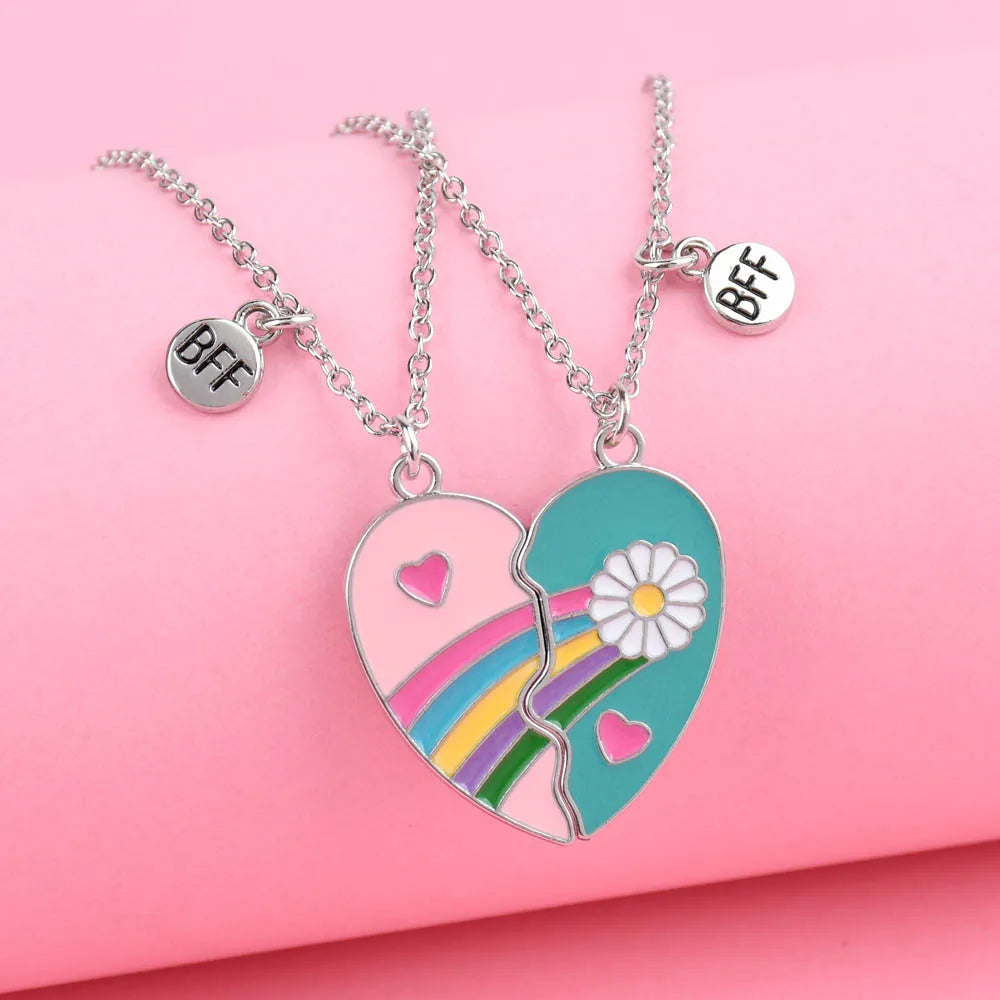 2Pcs/Set Rainbow Daisy Heart Magnet BFF Necklace for Girls