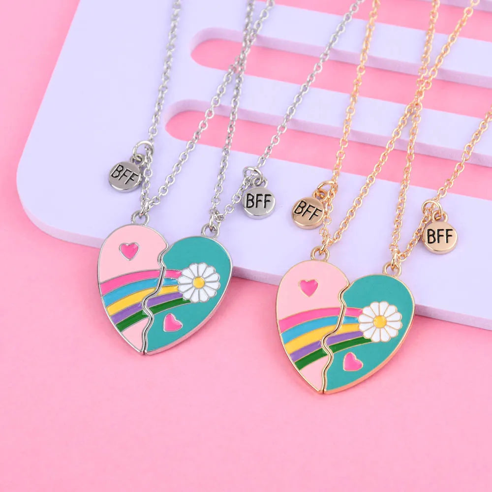 2Pcs/Set Rainbow Daisy Heart Magnet BFF Necklace for Girls