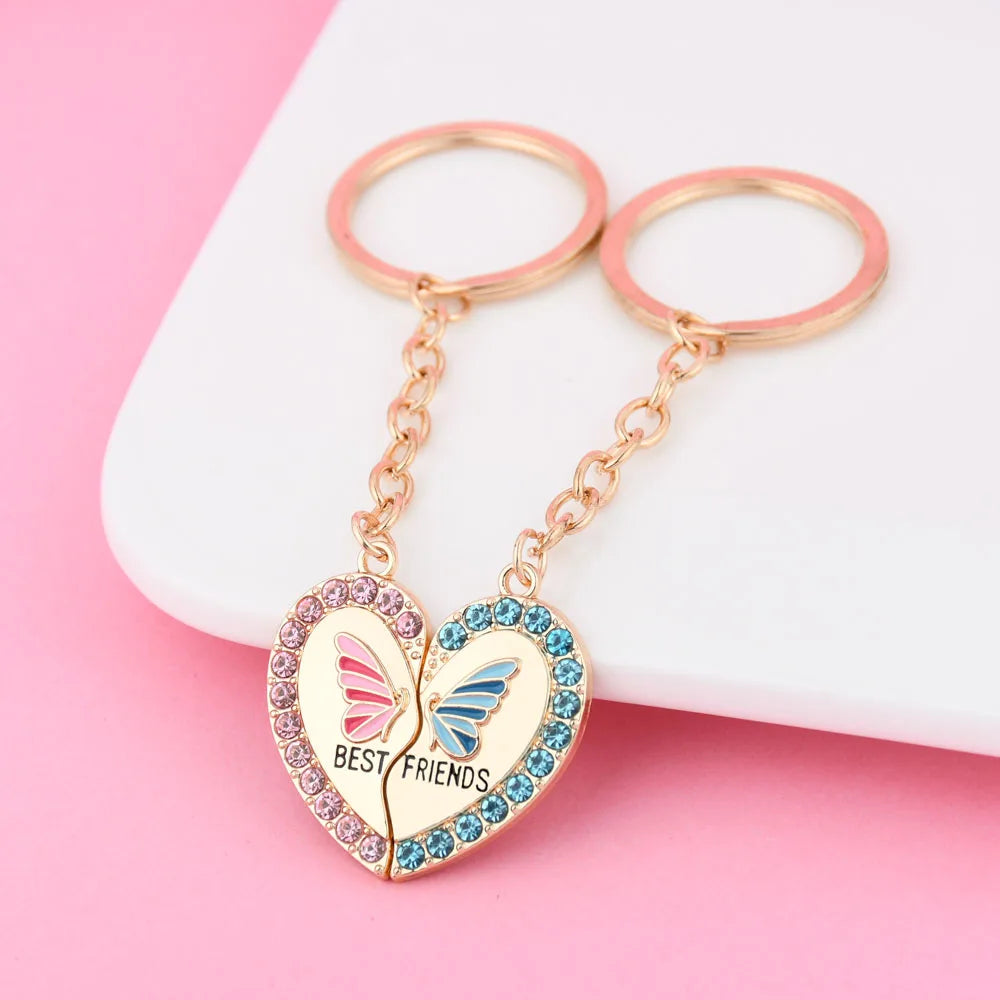 2Pcs/Set Rhinestone Heart Broken Butterfly BFF Keychain for Kids