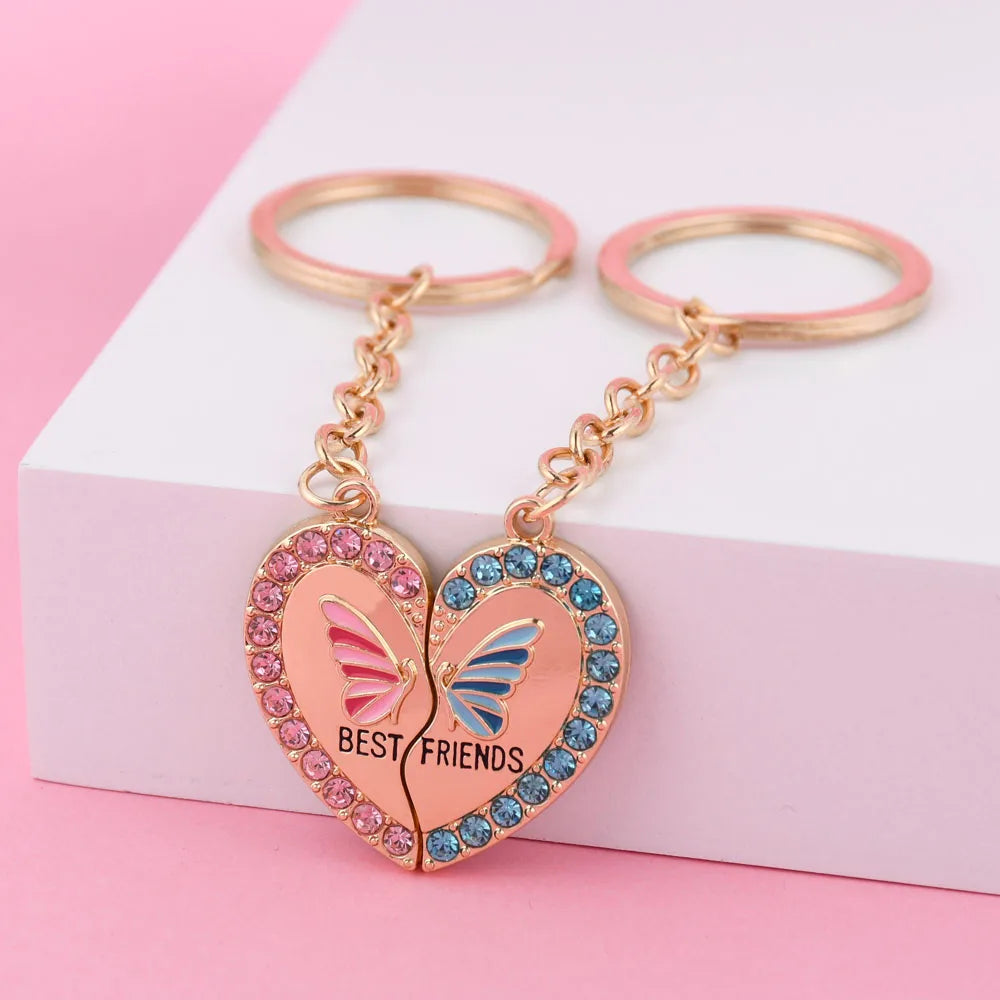 2Pcs/Set Rhinestone Heart Broken Butterfly BFF Keychain for Kids