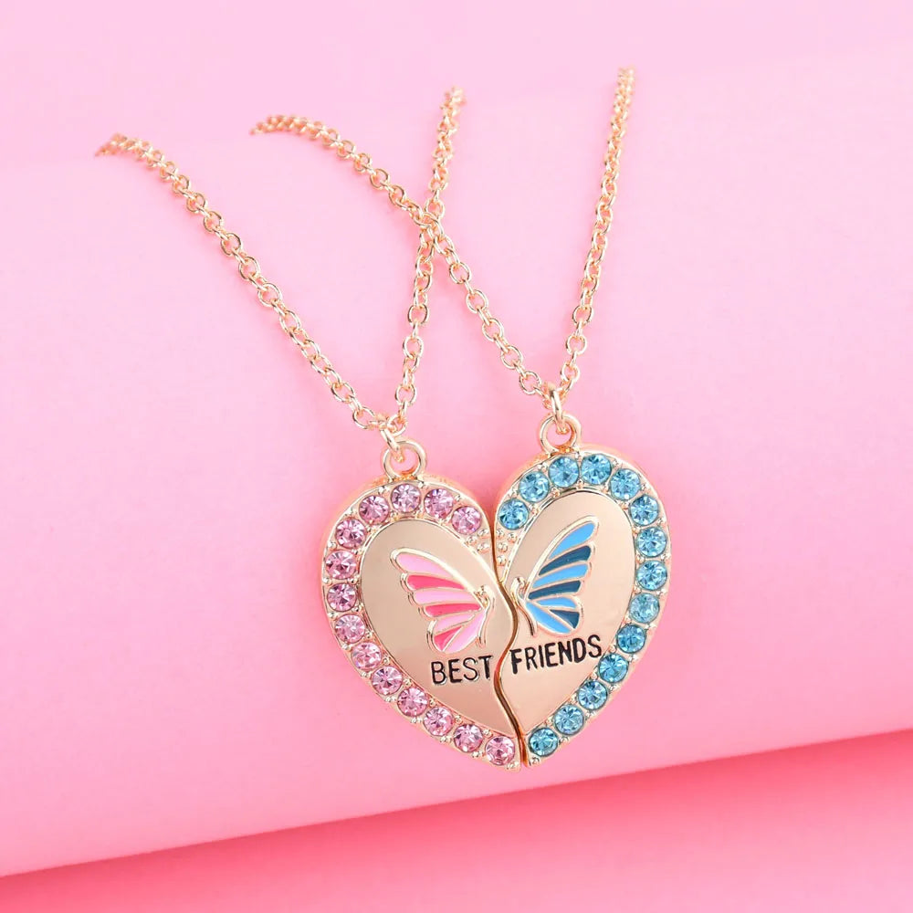 2Pcs/Set Rhinestone Heart Broken Butterfly BFF Necklace