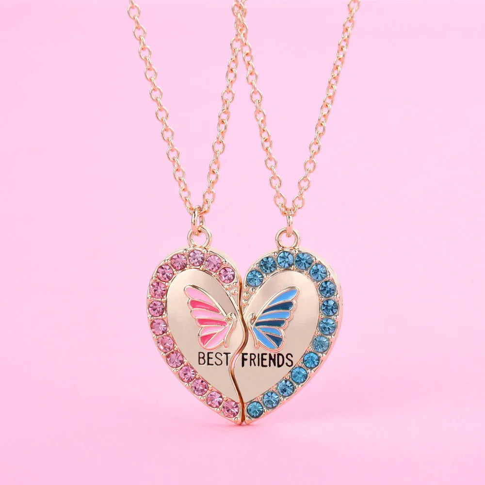 2Pcs/Set Rhinestone Heart Broken Butterfly BFF Necklace