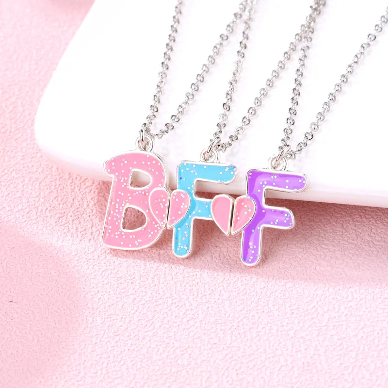 3Pcs/Set Cartoon Heart Letter BFF Necklace for Girls