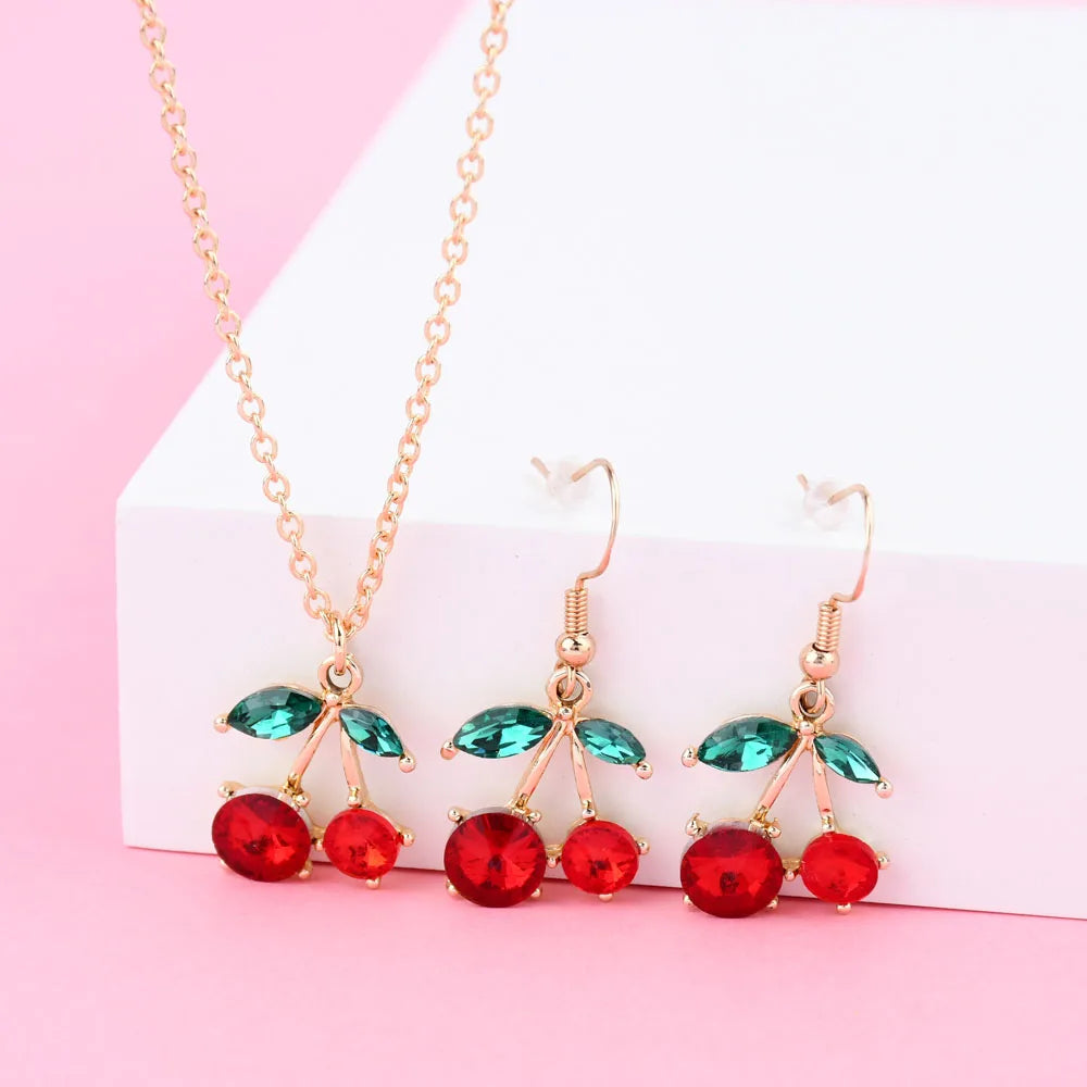 Red Cherry Earrings & Necklace Set for Women Fashion Jewelry