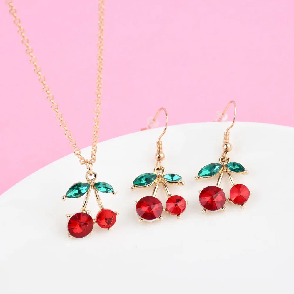 Red Cherry Earrings & Necklace Set for Women Fashion Jewelry