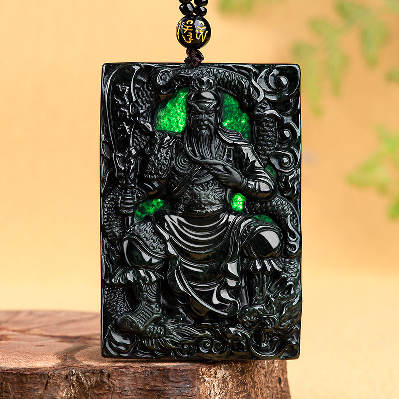 Natural A-Grade Black Jadeite Guan Gong Dragon Pendant for Men & Women