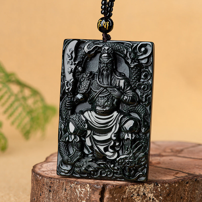 Natural A-Grade Black Jadeite Guan Gong Dragon Pendant for Men & Women