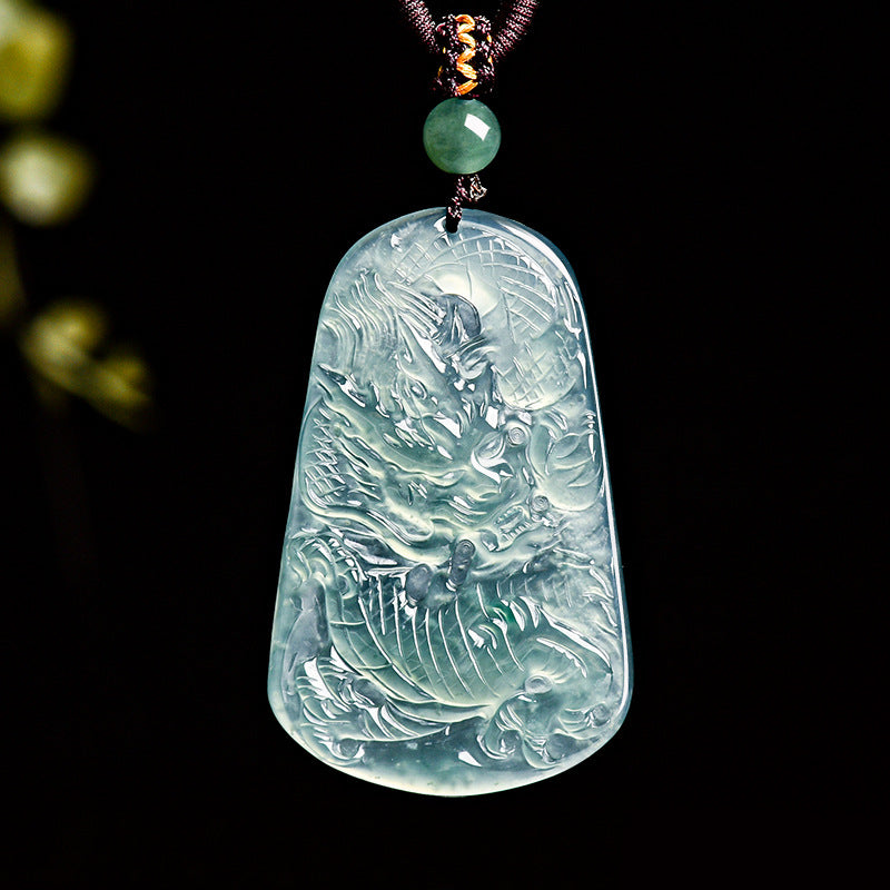 Natural Ice Blue Jadeite Dragon “Soaring Across the Four Seas” Pendant – Genuine A-Grade Blue Water Jade Zodiac Dragon Talisman