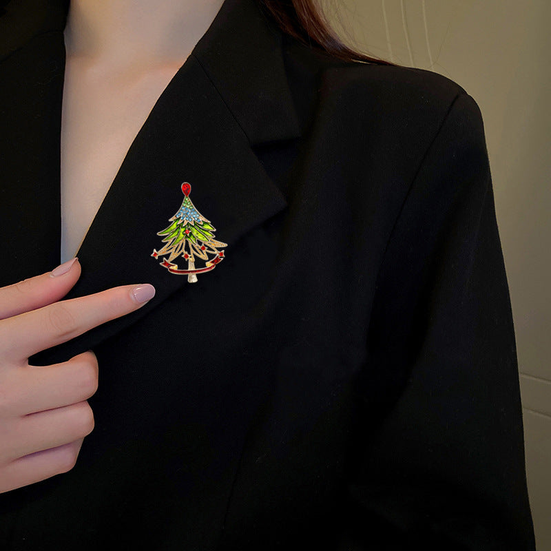 Christmas Enamel Diamond Christmas Tree Brooch Holiday Accessory