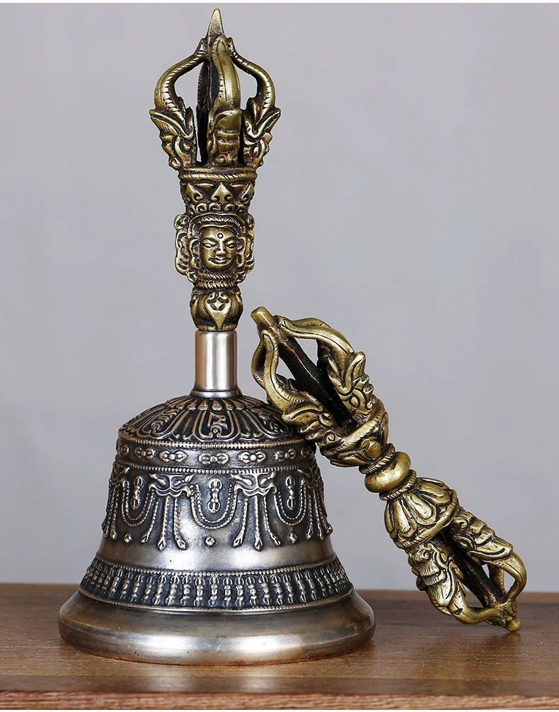 Nepalese Handmade Five-Pronged Vajra Bell and Dorje Set in Pure Copper（Model 1）