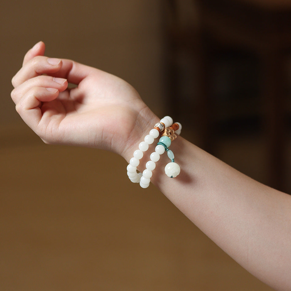 White Jade Bodhi Double Wrap Bracelet with Lotus Accent for Women