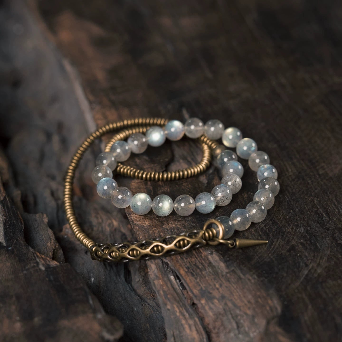 Tibetan-Inspired Multi-Layer Moonstone & Brass Bracelet · Lunar Light, Grounded Spirit