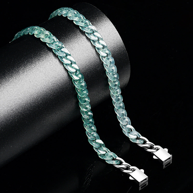 Natural A-Grade Blue Water Jadeite Cuban Link Bracelet – Ice-Type Jade, Titanium Steel, Hip-Hop Style for Men
