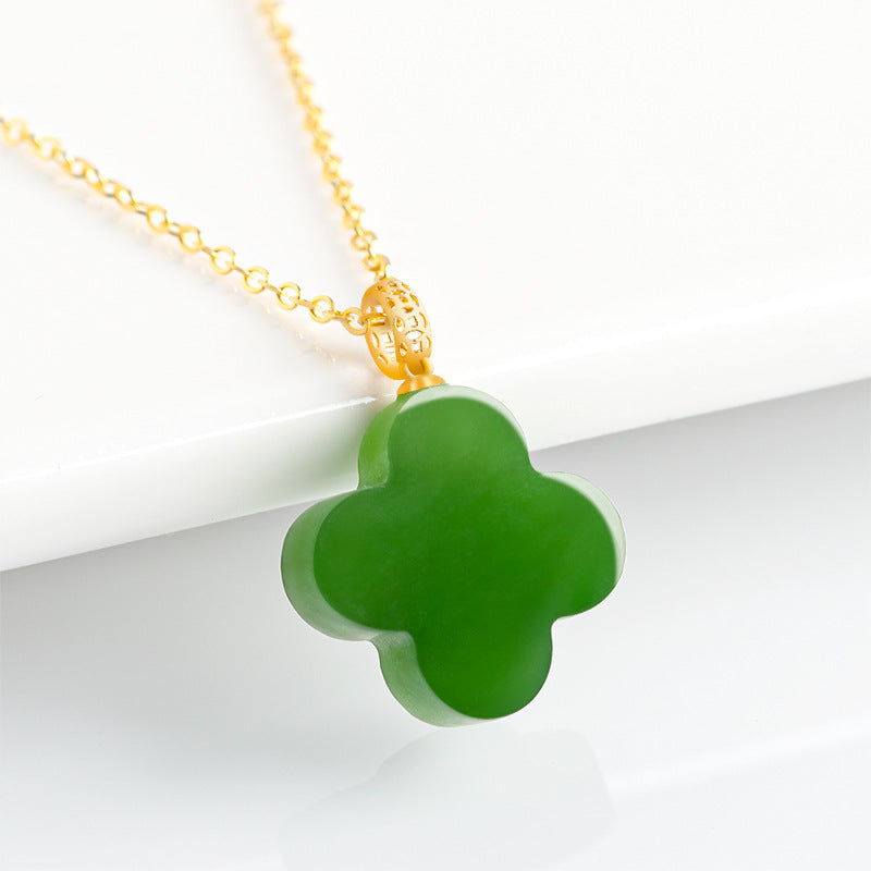 Natural Spinach Green Aged Hetian Green Jade Four-Leaf Clover Pendant with 18K Gold for Women