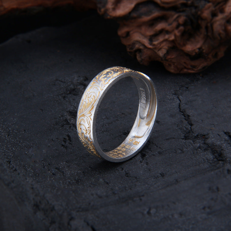 999 Pure Silver Honeysuckle Pattern Heart Sutra Engraved Ring