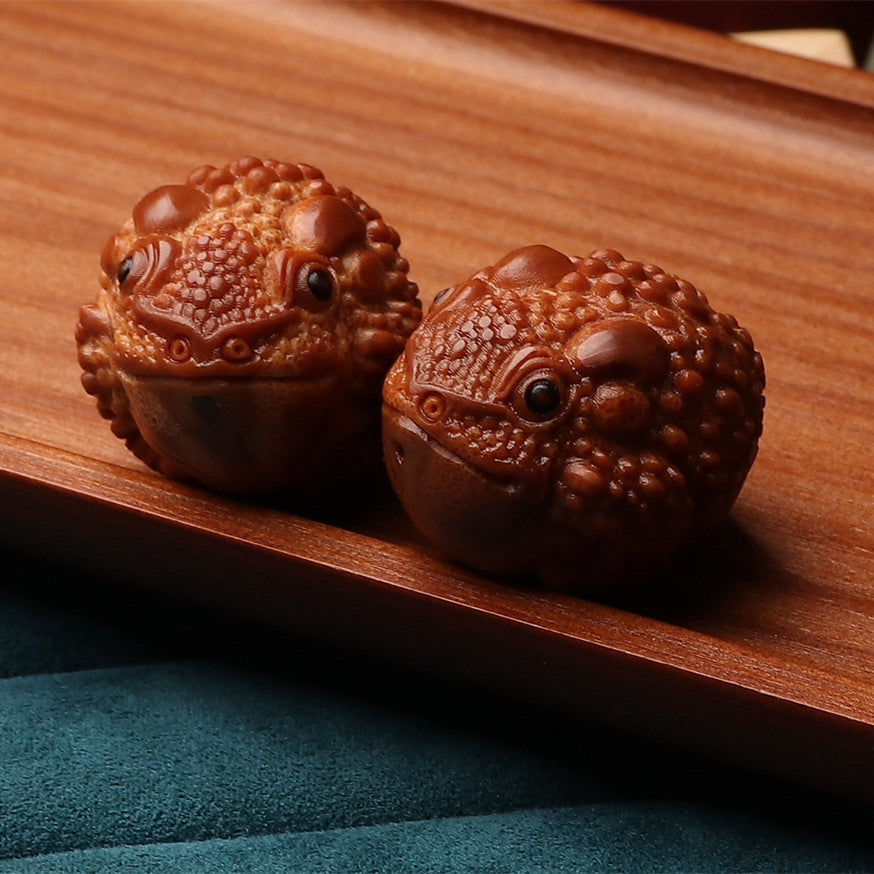 Large Hand-Carved Olive Pit Beads Featuring Wealth-Attracting Golden Toads