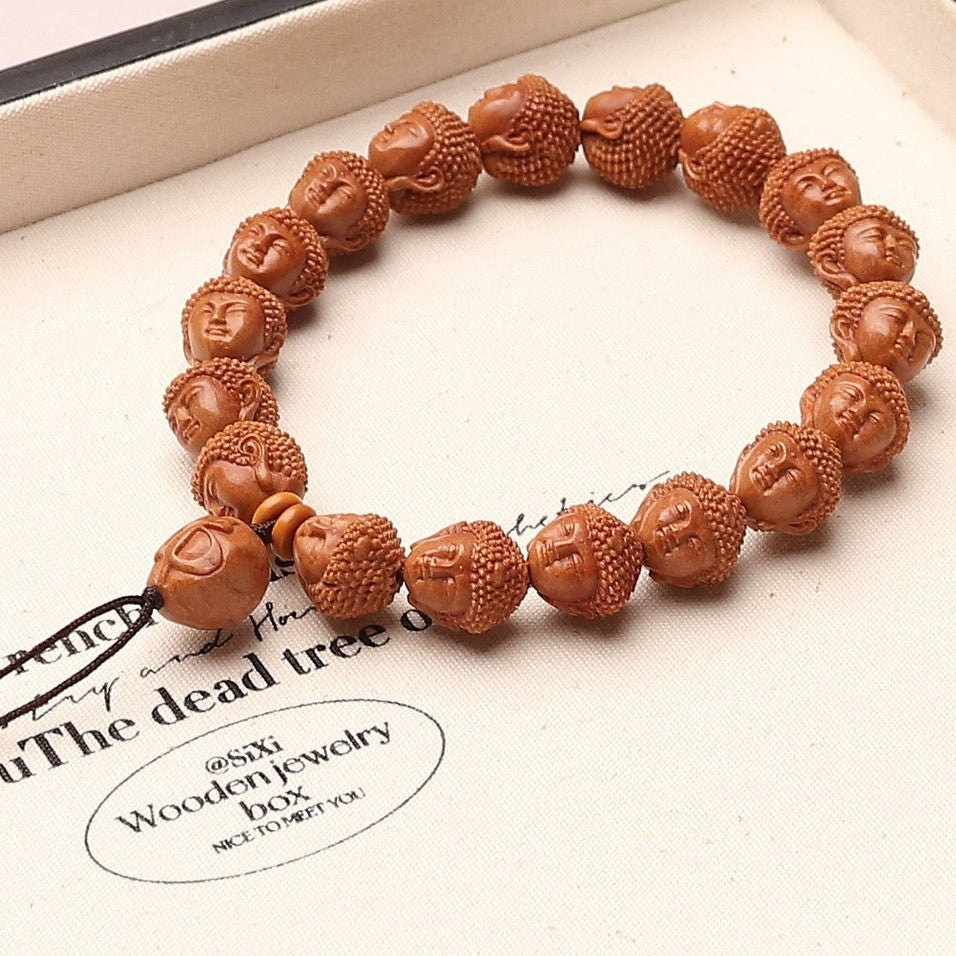 Hand-Carved Natural Dragon Pattern Peach Pit Bracelet Featuring Buddha Head