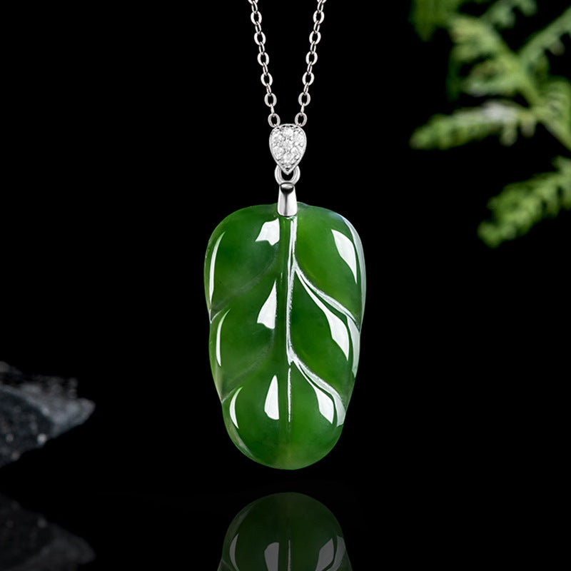 Natural Spinach Green Hetian Jade Leaf Necklace, Unisex Design, 925 Sterling Silver Setting