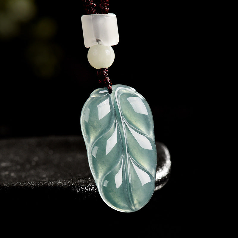 Natural Blue Water Jadeite Leaf Pendant – A-Grade Jade, Elegant Spiritual Necklace