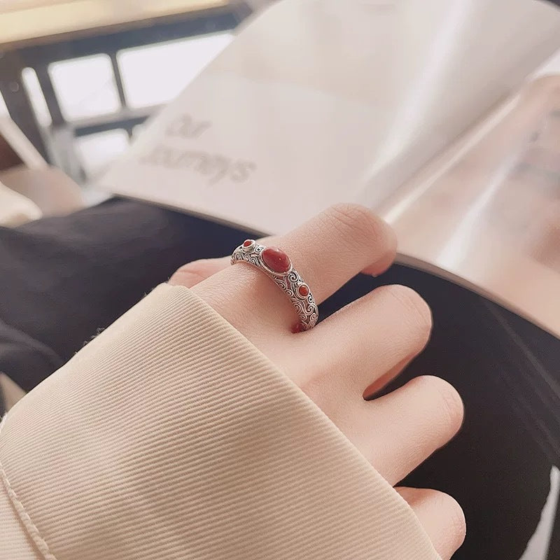 Adjustable S925 Silver Ring Vintage Sterling Silver Open Ring with Red Agate