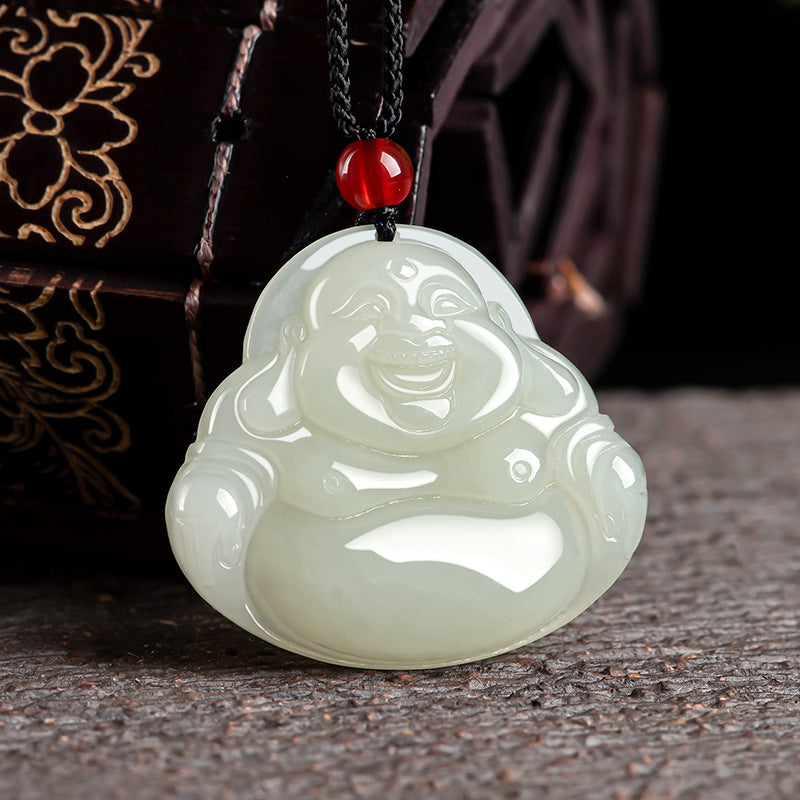 Natural Hetian White Jade Laughing Buddha Pendant for Men
