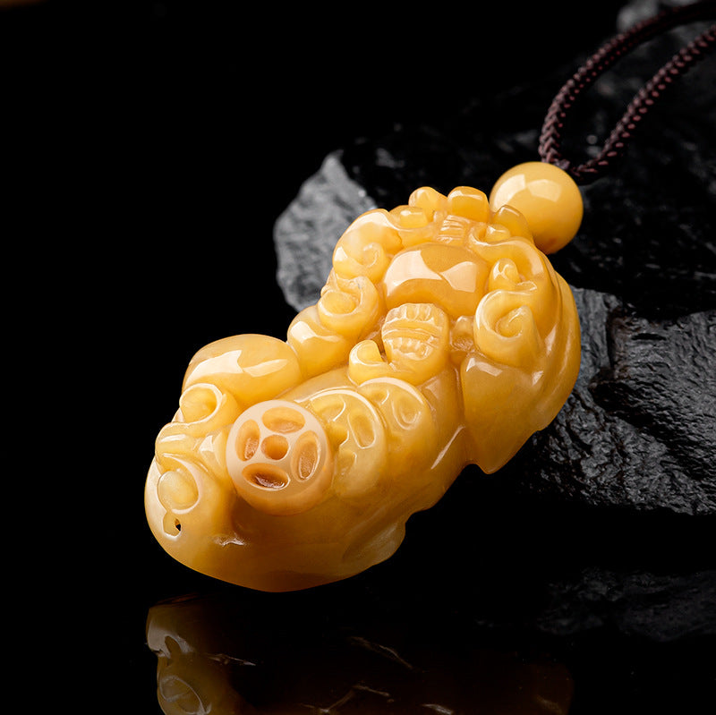 Natural Xinjiang Golden Silk Jade Pi Xiu Pendant – Hand-Carved Wealth & Protection Jade Charm, Unisex