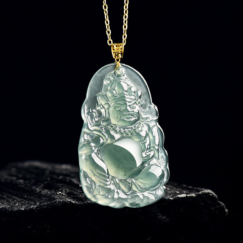 Natural Blue Water Jadeite Yellow Wealth God Pendant – A-Grade Ice-Type Jade, 18K Gold, Prosperity Talisman