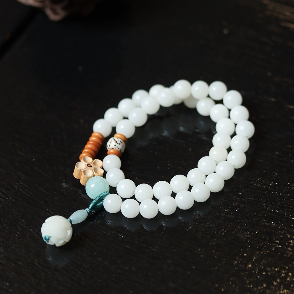 White Jade Bodhi Double Wrap Bracelet with Lotus Accent for Women