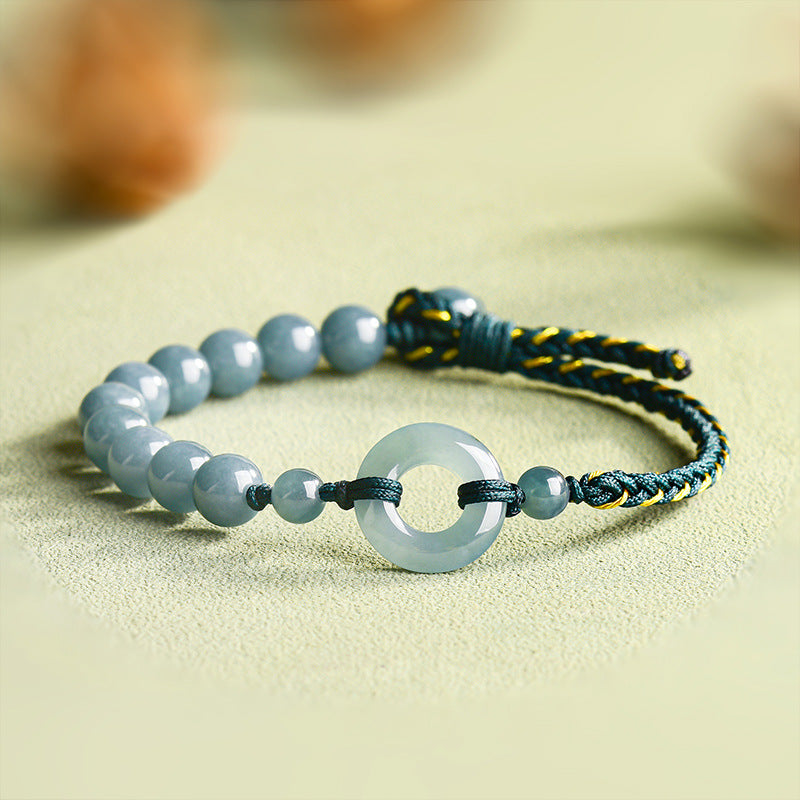 Natural A-Grade Blue Jadeite Peace Ring Handwoven Bracelet for Women