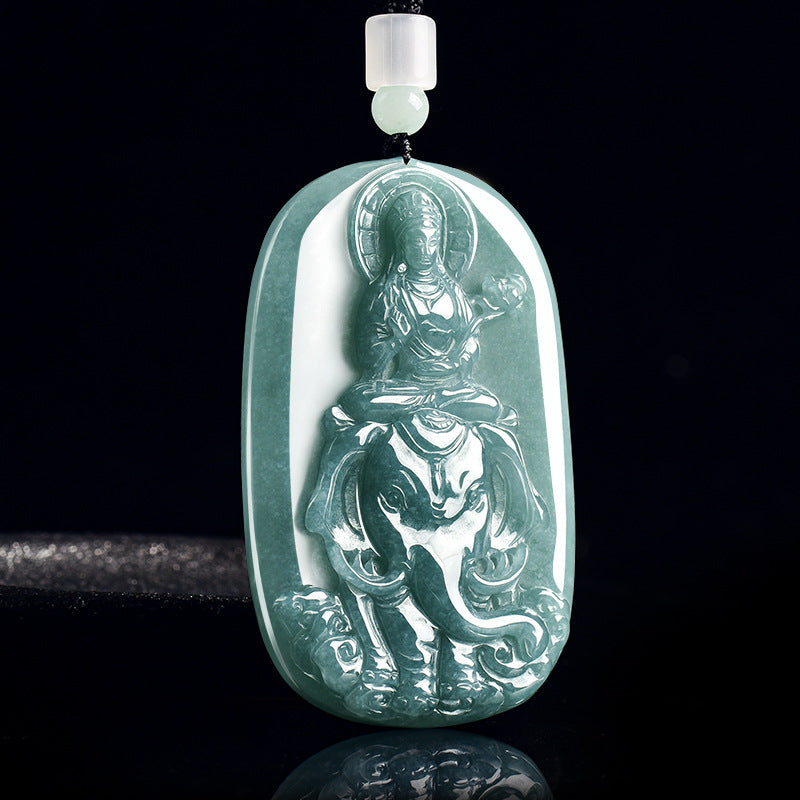 Natural Blue Water Jadeite Samantabhadra & Guanyin Pendant – A-Grade Jade, Zodiac Dragon & Snake Guardian Talisman