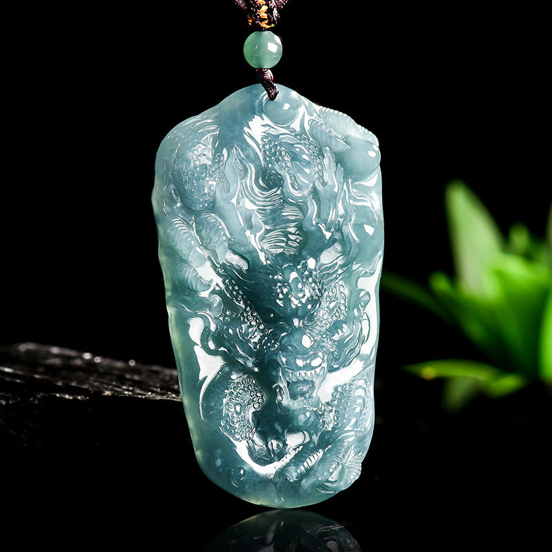 Natural Blue Water Jadeite Dragon Pendant – A-Grade Jade, Powerful Zodiac Talisman for Strength & Prosperity