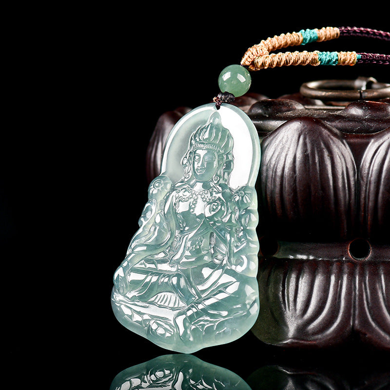 Natural Blue Water Jadeite Green Tara Guanyin Pendant – A-Grade Ice-Type Jade, Compassion & Protection Talisman