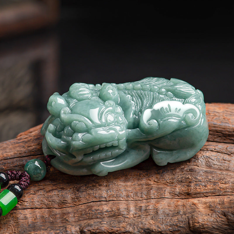 Natural Ice Green Jadeite Pi Xiu Pendant – A-Grade Jade “Ruyi Bawang” Wealth Talisman for Men