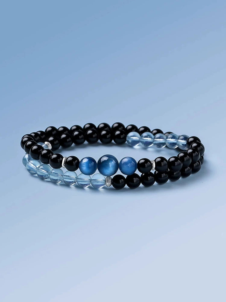 Obsidian & Aquamarine Double-Wrap Bracelet – New Year Fortune & Wealth Attraction Charm