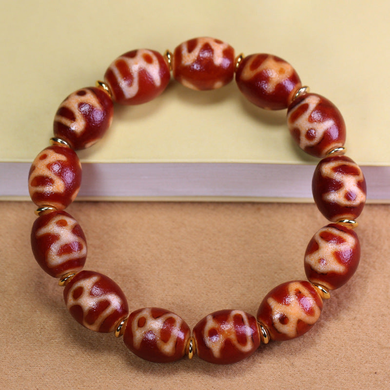 Natural Tibetan Agate Red Flesh Wealth Dzi Bead Bracelet – 12×13mm