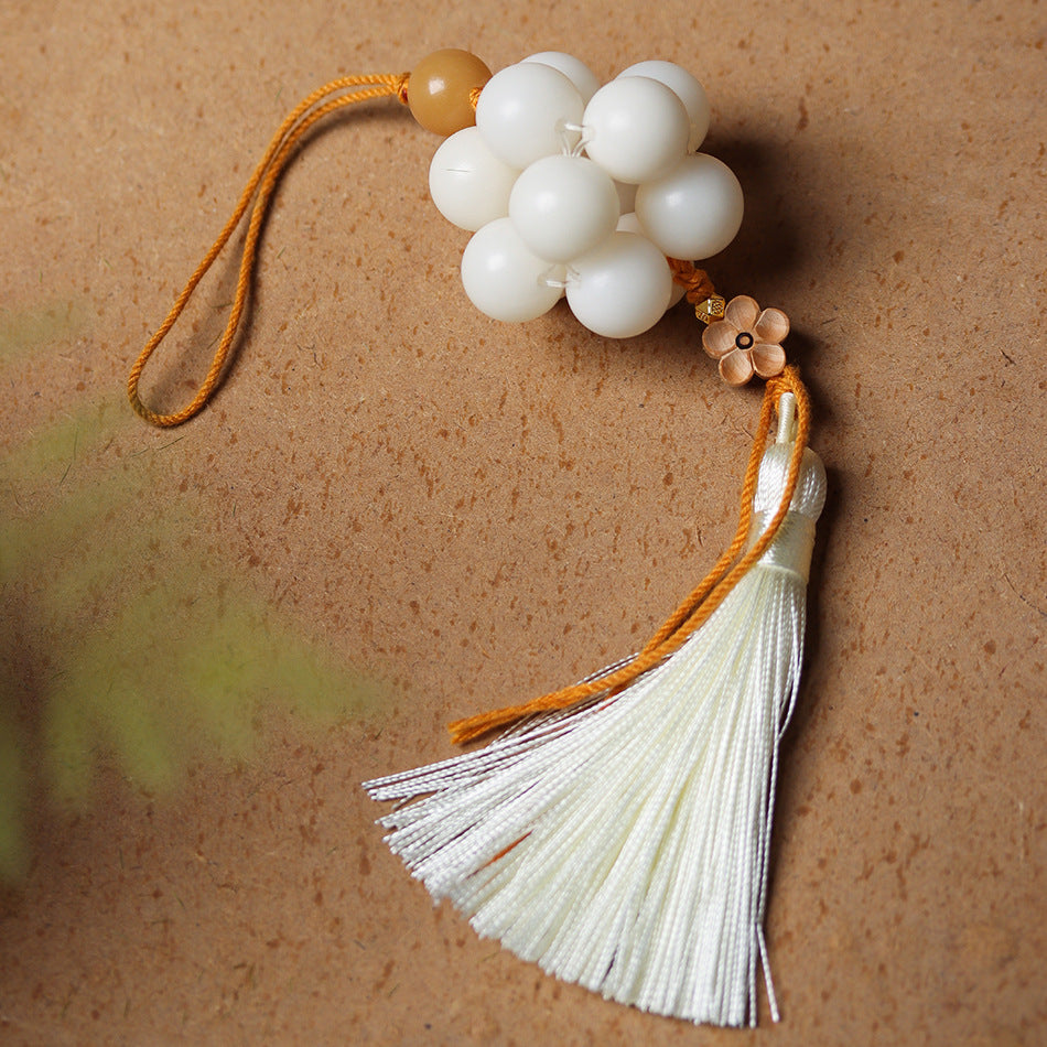 Handmade White Jade Bodhi Woven Tassel Charm Strap for Phone, Bag, or Car