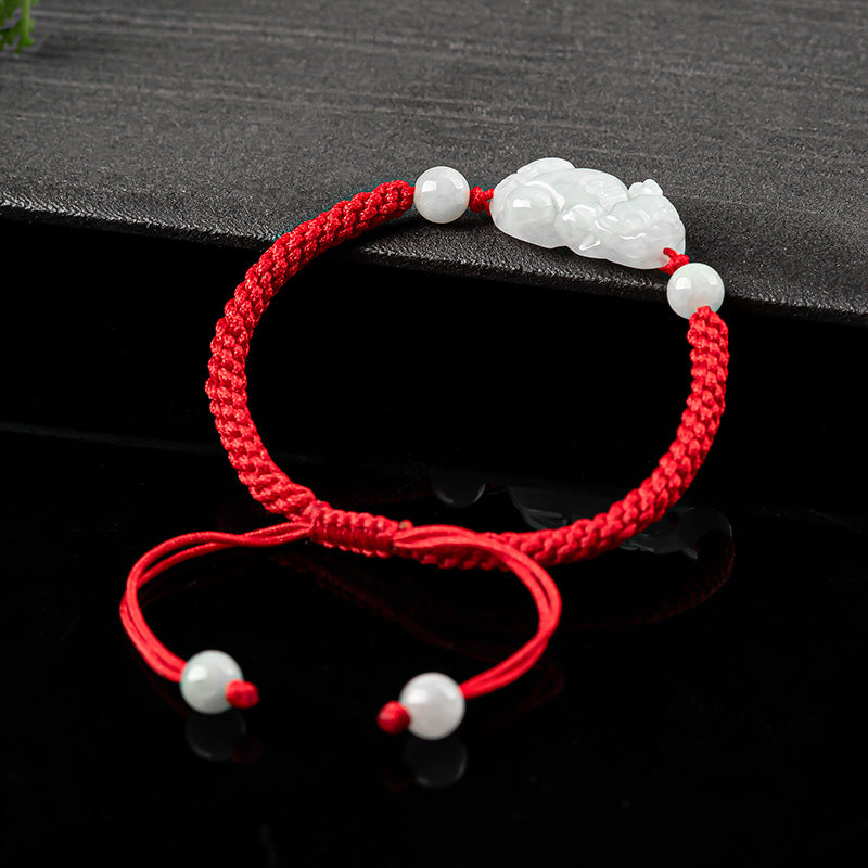 Natural Burmese A-Grade Jadeite Pi Xiu Bracelet – Hand-Carved Jade Charm, Handwoven Red or Brown Cord, Unisex Feng Shui Jewelry